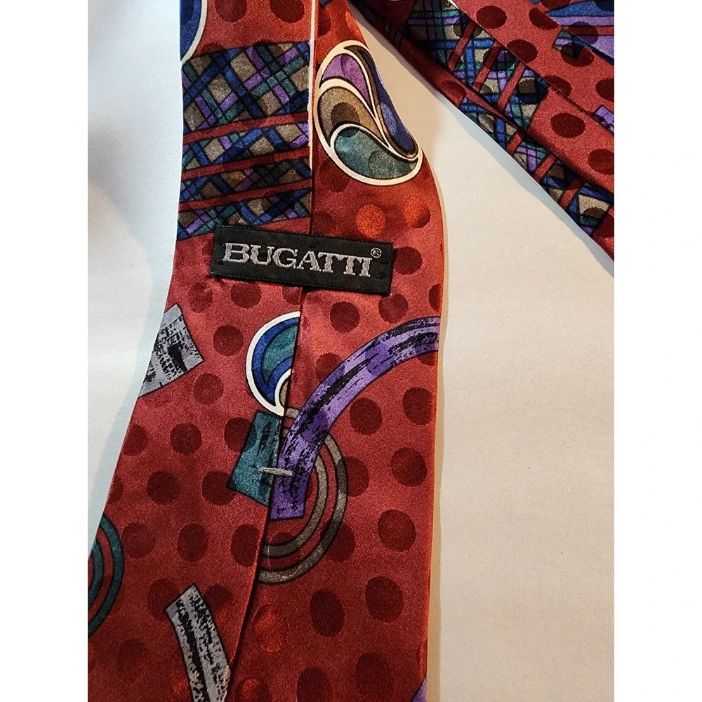 Vintage Bugatti 100% Italian Silk Tie Abstract Geometric Red Blue Purple 80s 90s